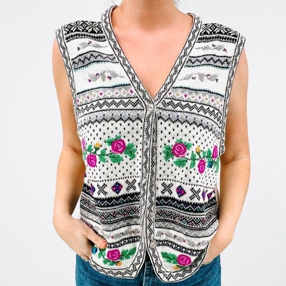 Casual Corner Sweaters - Casual Corner Vintage Floral Fair Isle Sweater Vest XL Ramie CottonKnit PinkRose